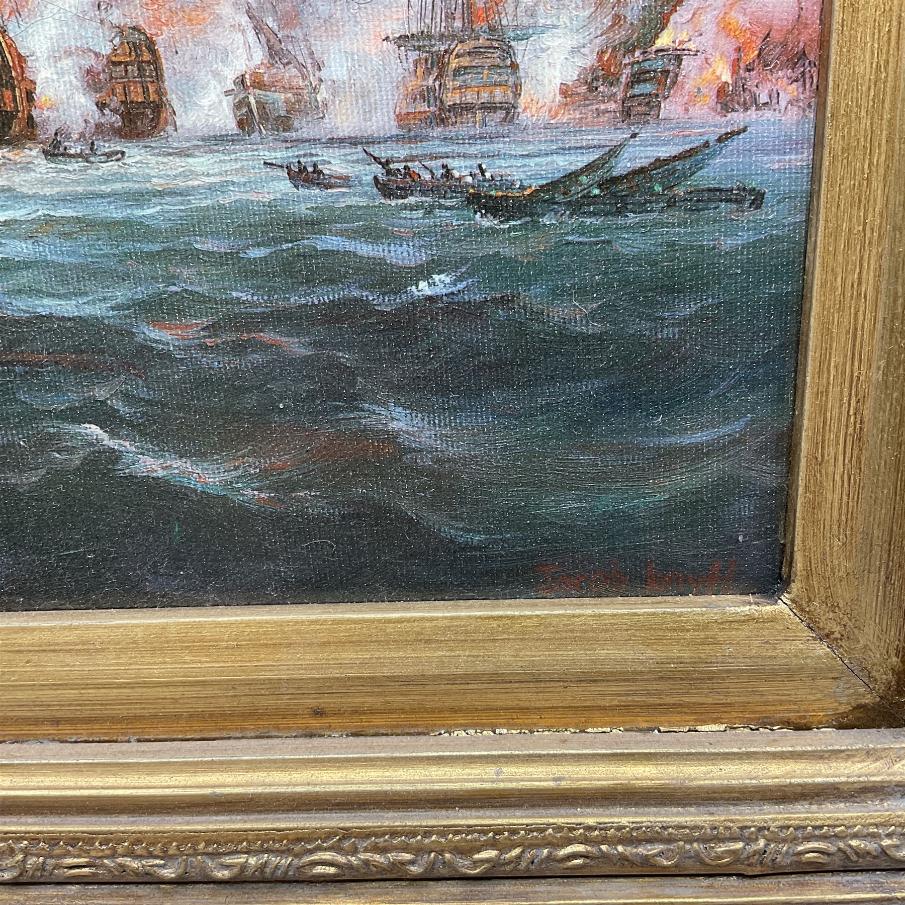 After Jacob Knyff (Dutch 1639-1681): 'Battle of Trafalgar', 20th century oleograph 29cm x 40cm in heavy gilt frame