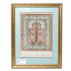 Persian miniature pictorial silk Qom rug with Mirab motif, framed, 39cm x 28cm 