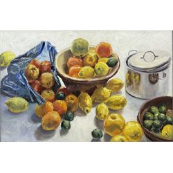 Neil Tyler (British 1945-): 'Citrus' - Still Life of Fruit, oil on board signed and dated '98, titled on label verso 60cm x 90cm