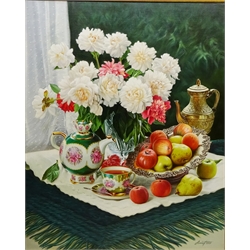  Gregori (Lysechko) Lyssetchko (Russian 1939-): Still Life of Flowers Fruit and Tea ware, oil on canvas signed and dated 2001, 72cm x 59cm   
