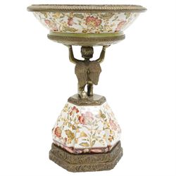 Wong Lee comport, with polychromatic enamel floral decoration, the stem formed as kneeling cherub, marked to base, H37cm 