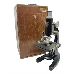Black finished monocular microscope by C.Barker no 35864, with pitchfork base and rack and pinion focusing, in original fitted wooden case with additional lenses, H33cm