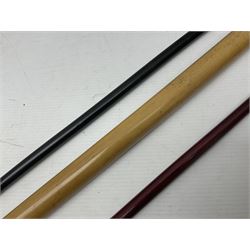 Three parade ground canes - malacca cane Coldstream Guards with plated mount engraved 'H.A. Myhan' L87cm; ebonised Church Lads Brigade 'Fight The Good Fight'; and mahogany stained Worcestershire Regiment (3)