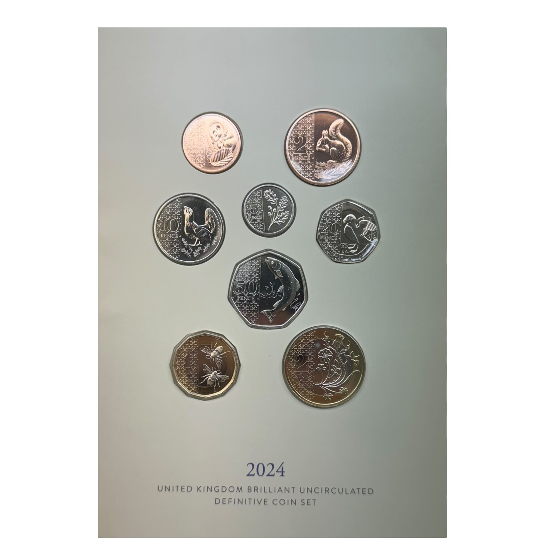 Seven The Royal Mint United Kingdom uncirculated coin sets, comprising  2008 'Emblems of Britain' seven coins, 2010 'A celebration of Britain' eight coins, 2014 'Definitive' eight coins, 2015 'The Fourth Circulating Coinage Portrait Final Edition' eight coins, 2022 'Definitive' eight coins, 2023 'King Charles III Definitives' eight coins and 2024 'Definitive' eight coins, all in card folders