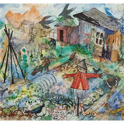 Penny Wicks (British 1949-): 'Allotment Fever', mixed media with collage signed, titled verso 32cm x 33cm