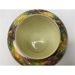 Mid/late 20th century Royal Worcester ginger jar and cover decorated by R Lewis, hand painted with a still life of fruit upon a mossy ground, signed R Lewis, with black printed mark beneath and painted shape number 2826, H17.5cm