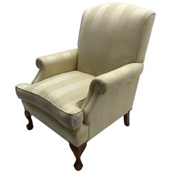 Wesley-Barrell - Georgian design traditional shaped armchair with rolled arms, sprung back and loose seat cushion upholstered in beige striped fabric with gold piping, raised on cabriole supports with ball and claw feet