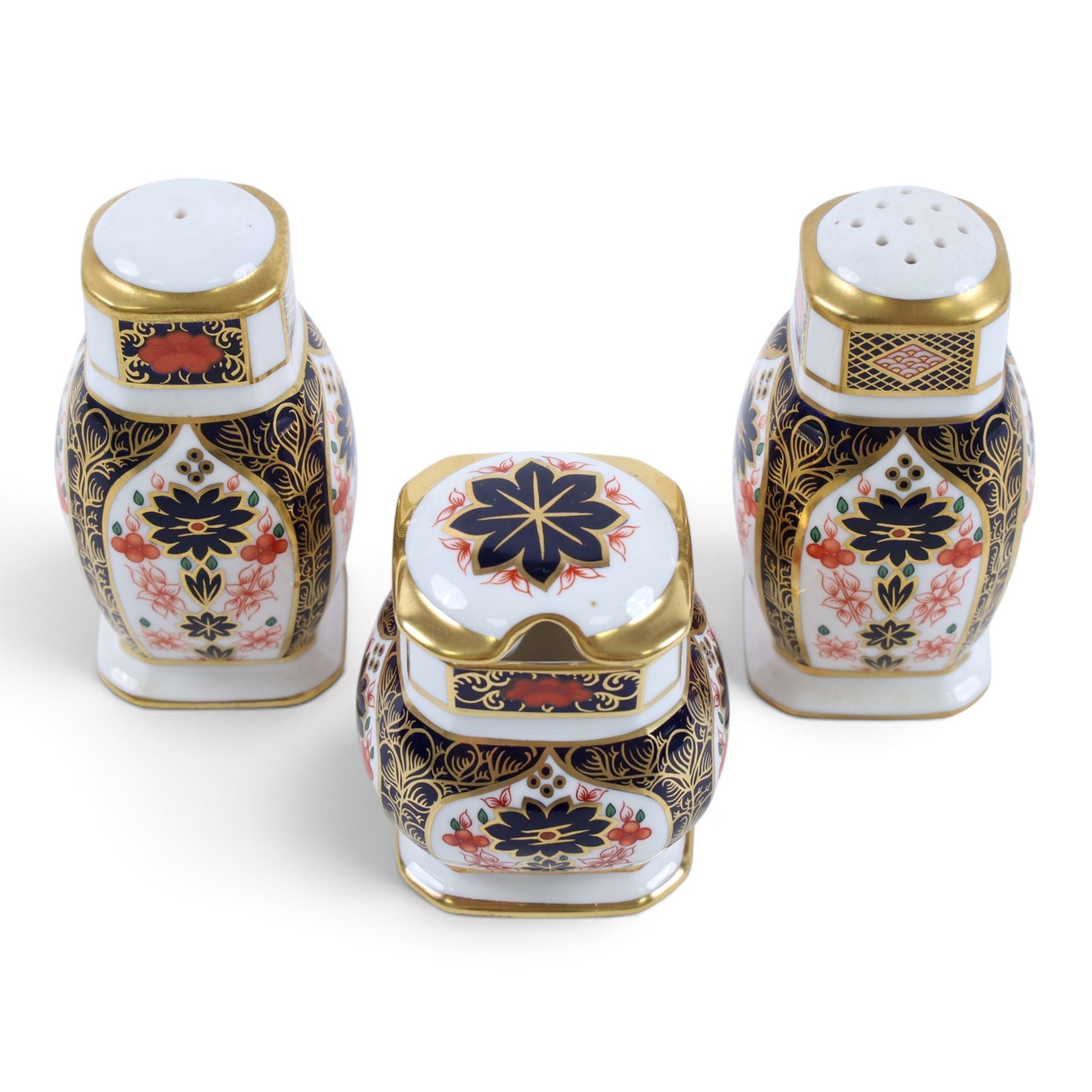 Royal Crown Derby Old Imari 1128 pattern cruet set, comprising salt, pepper and mustard pot 