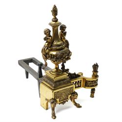 Pair of gilt metal fire dogs, formed as an urn with classical decoration, including putti and floral swags, raised on a square stepped base, the feet formed as rams heads and hoofs, H45cm x W28cm
