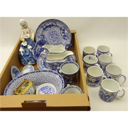  Royal Doulton figure 'Hilary' and Lladro style figure, Adams Chinese pattern part dinnerware including four dinner plates, twin handled dish, mugs, gravy boats etc, set seven Spode 'Edwardian Childhood' mugs & French brass carriage clock    