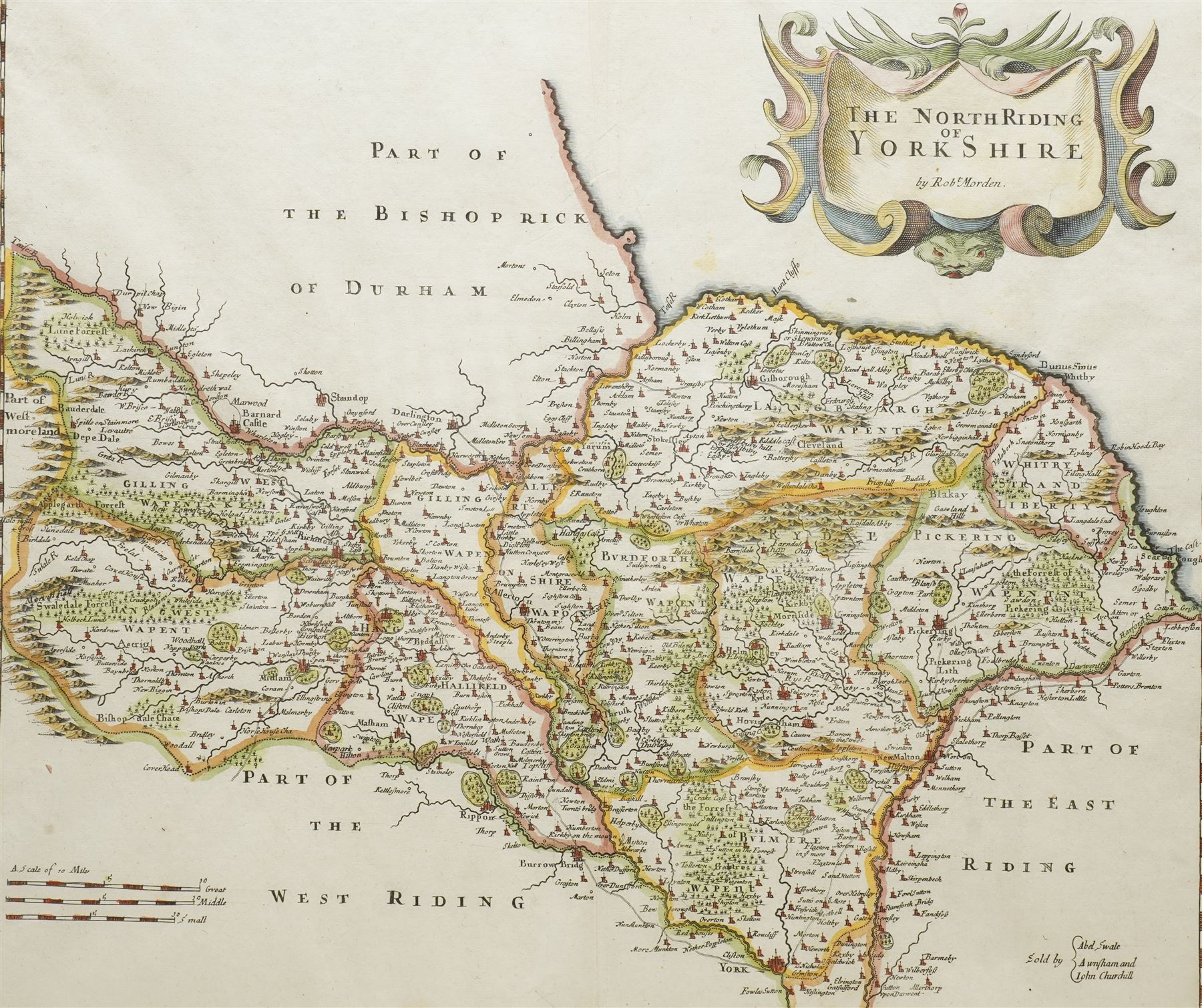 Robert Morden (British c.1650-1703): 'The North Riding of Yorkshire', 17th/18th century engraved map with hand-colouring 37cm x 42cm