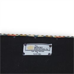 Pair of needlepoint footstools, retailed by The Bespoke Footstool Co, brass studded trim on tapered oak supports