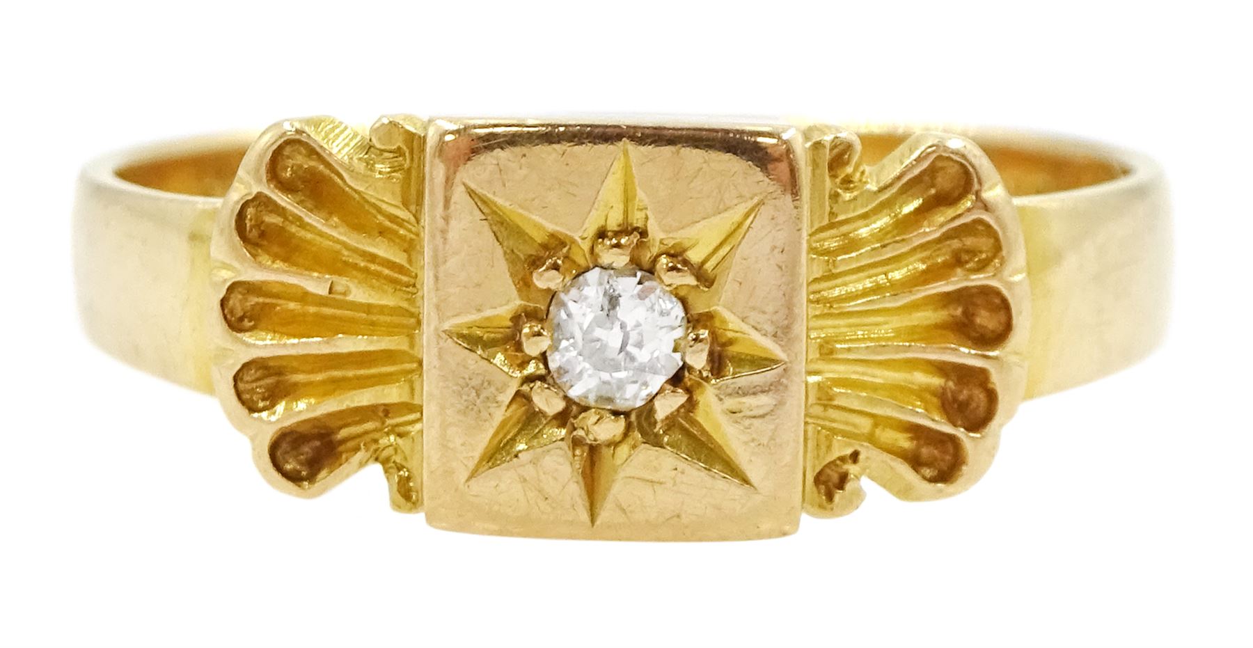 Victorian 18ct gold single stone diamond ring, the central star set old cut diamond with a scallop shell detail either side, Chester 1898