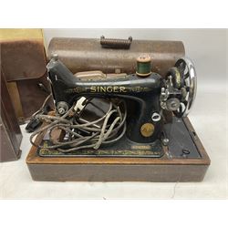 Singer sewing machine EA363547, Bakelite foot pedal, two leather cases etc 