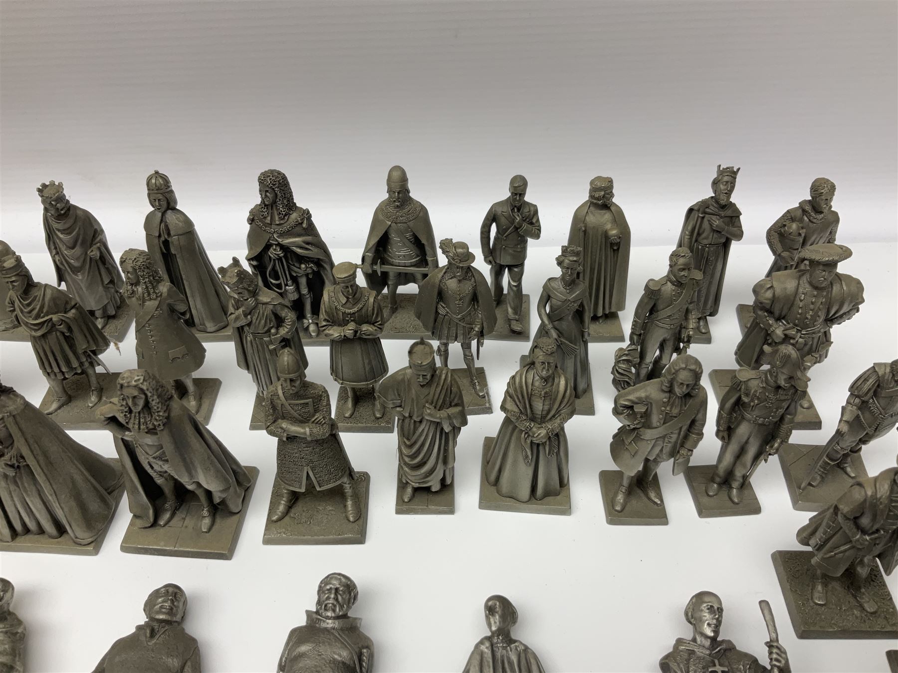 Set of forty three miniature Franklin Mint pewter figures of the Kings and Queens of England, with certificate of authenticity and information cards, together with a collection of twenty four Franklin Mint pewter Charles Dickens character spoons