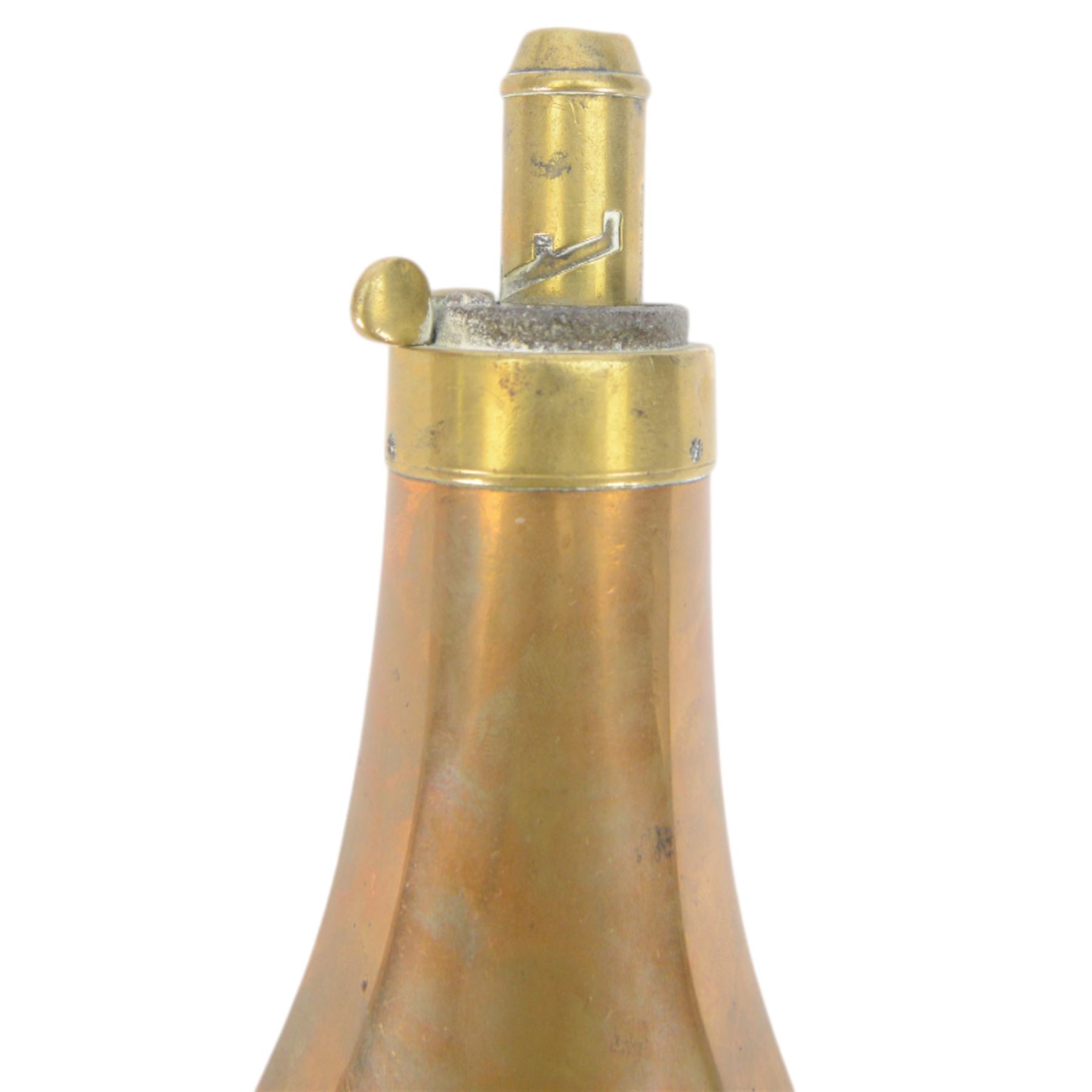 Copper gun powder flask, marked 'James Dixon & Sons' decorated in relief with hunter with pointer, L20cm