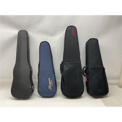 Four student violins - two Chinese three-quarter size with 33.5cm and 34cm two-piece backs; Stringers of Edinburgh quarter size with 28cm two-piece back; and Stentor quarter size with 28cm two-piece back; each in carrying case (4)