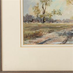 Pat Newton (British 20th century): 'Winter in West Norfolk' and 'The Farm in Winter', pair of acrylics signed, titled on label verso, in matching frames 19cm x 24cm; George 'Griff' Griffiths (British 1939-2017): 'Arthington Bank', watercolour signed, titled and dated 1977 on label verso 24cm x 16cm (3)
