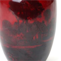 Royal Doulton flambe vase decorated with a rural landscape H17cm, another 'Veined' H11cm and another 'Woodcut' H11cm (3)