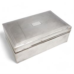 Large rectangular silver cigar box with engine turned hinged cover, vacant cartouche and divided interior 26cm x 16cm marks rubbed, Birmingham assay, Makers Sanders & Mackenzie