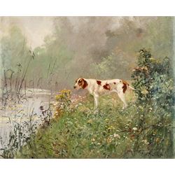 Émile Charlet (Belgian 1851-1910): Setter at the Riverside, oil on canvas laid on to board signed 59cm x 72cm