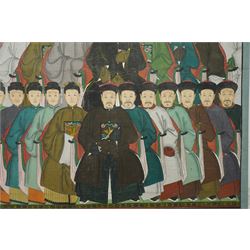 Large and impressive Chinese ancestral portrait, late Qing dynasty, gouache on stitched canvas with gilded highlights, showing thirty-eight sitters across four registers, the principal ancestors depicted before an altar table holding various ritual items, each in official dress and many wearing Golden Pheasant (Second-rank) and Silver Pheasant (Fifth-rank) Mandarin squares or 'buzi', overall 190cm x 131cm 