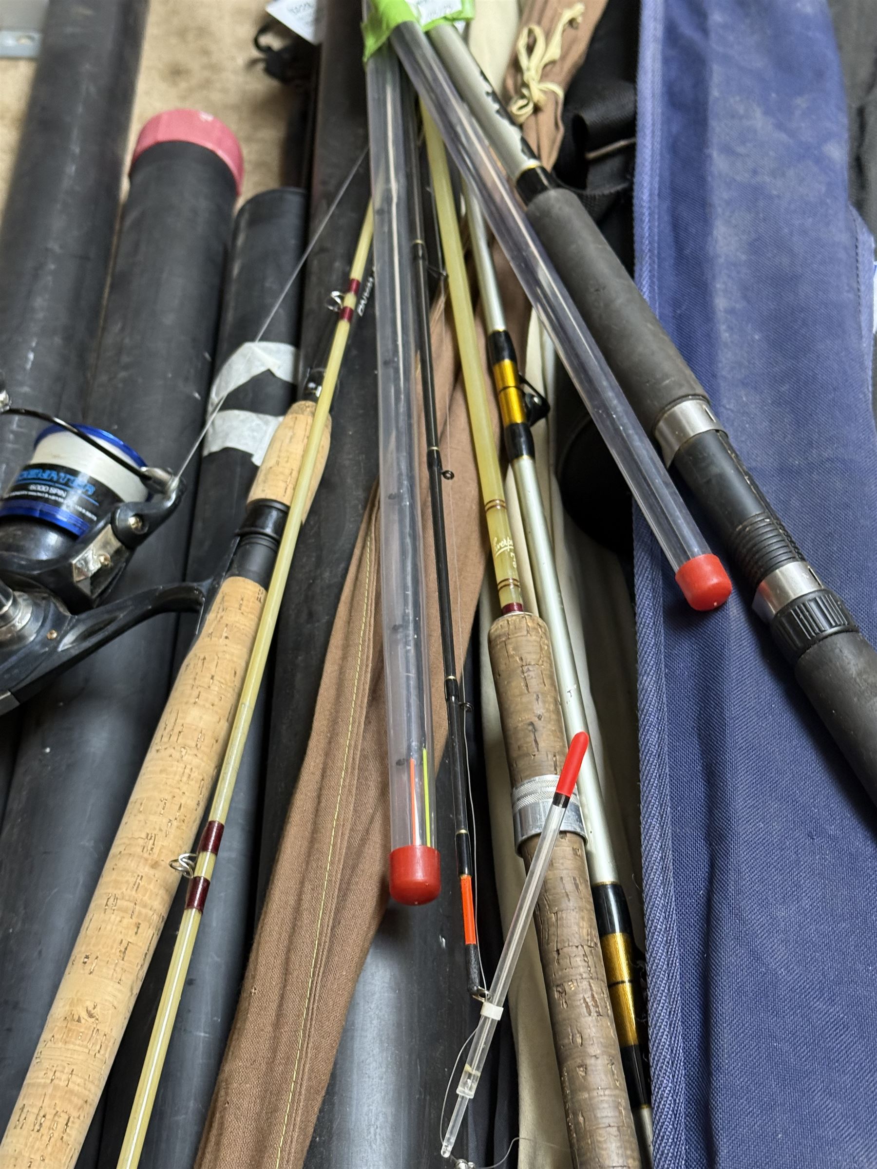 Collection of fishing rods and nets, including Alex Martin Scotia salmon rod, Shakespeare 1650, Allcocks Lucky Strike split cane rod and Chevron Pike 11ft, etc