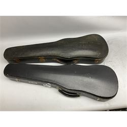 French violin for restoration with 36cm two-piece maple back and ribs and spruce top, bears label 'Lutherie Artistique M. Couturieux'; in wooden case; two modern three-quarter size violins in cases; and five violins for spares or repair