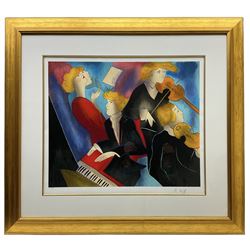 Linda Le Kinff (French 1949-): 'Ingredients' and 'Orchestra de Toulouse', pair limited edition colour serigraphs signed in pencil and numbered 200/350 and and European Artist Proof 25/50, respectively 43cm x 52cm (2)