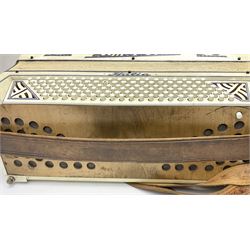 Italian Lambardi piano accordion in ivory coloured pearline case with jewelled decoration, twenty keys and one-hundred and twenty buttons L 37cm
