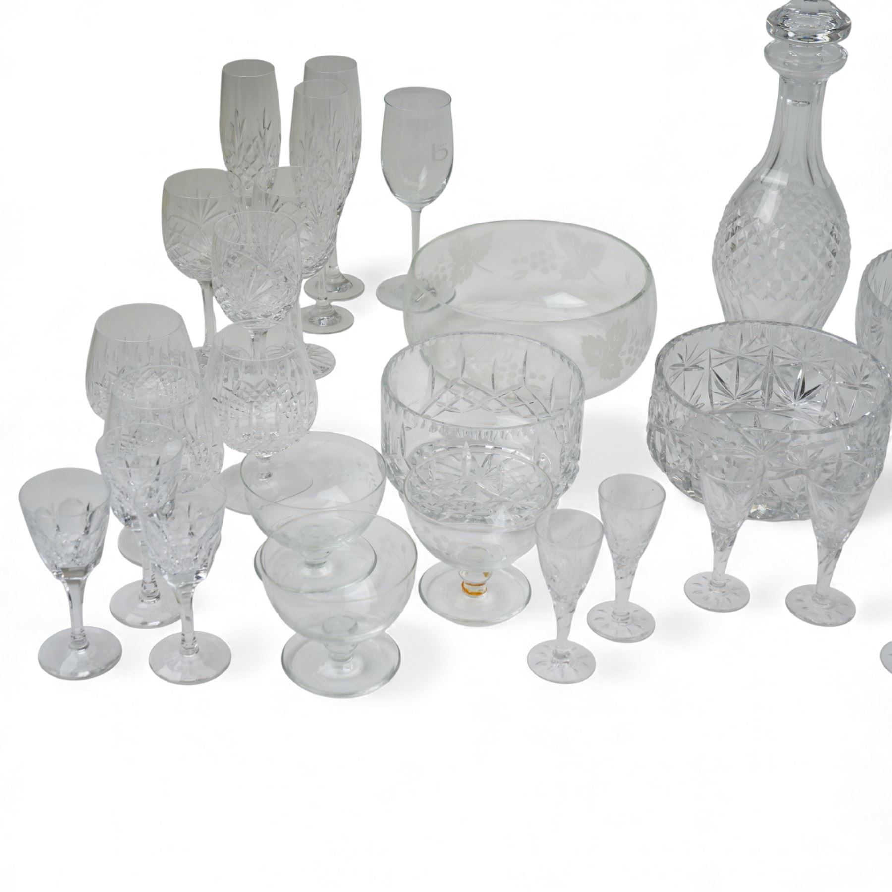 Waterford Crystal 'Colleen' pattern cut glass decanter, H34cm; together with other crystal wares including Stuart and Edinburgh examples, many unmarked