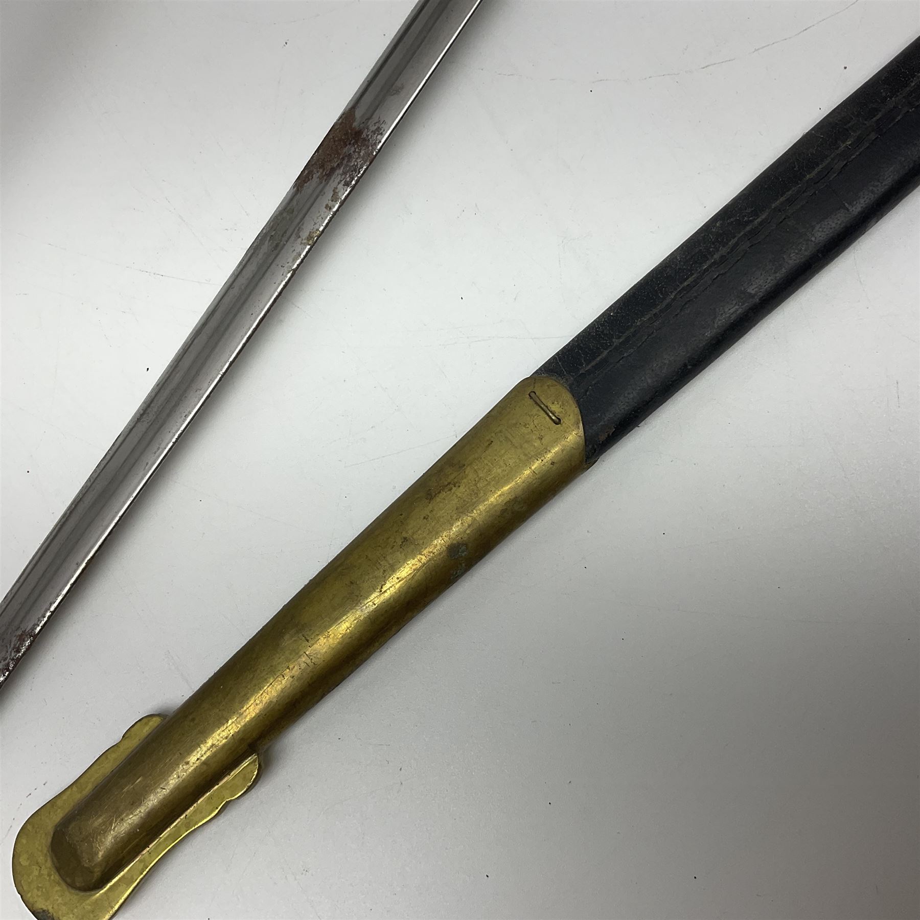 Reproduction American Civil War Cavalry trooper's sword, the 88cm slightly curving fullered steel blade marked to the ricasso 'Ames & Co Chicopee Mass.' and 'US ADK 1862'; brass hilt and leather covered grip; in steel scabbard; and Indian reproduction 19th century French court sword (2)