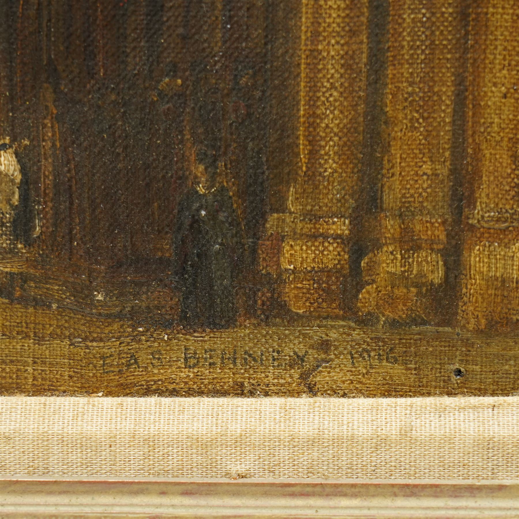 Ernest Alfred Sallis Benney (British 1894-1966): Interior of York Minster looking towards the Seven Sisters Window, oil on canvas signed and dated 1916, 49cm x 39cm 