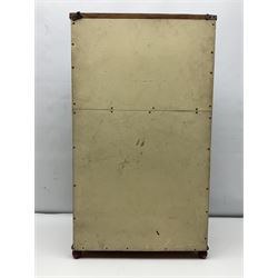 Miniature pitch pine Welsh dresser with open plate rack over two cupboard doors, displayed with Ridgways Humphrey's Clock pattern and other doll's blue/white tea ware, copper kettles and pan etc W41cm H72cm