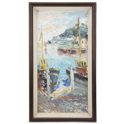 Terry Burke (British Contemporary): Boats in the Harbour, oil impasto on board signed 38cm x 19cm