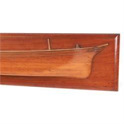 20th century mahogany and pine half-block hull model of a two masted ship, H28cm, W110cm