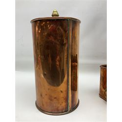 Victorian copper hot water urn, the body of plain cylindrical form with brass tap, the slightly domed lid with brass finial, together with a rectangular copper planter, with twin brass lion mask handles, urn H35cm