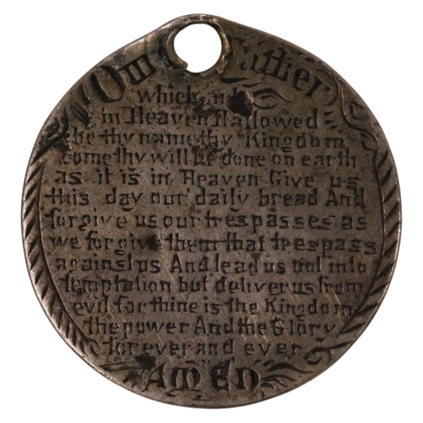 Queen Victoria 1872 silver threepence coin, the obverse engraved with the Lord's Prayer, drilled