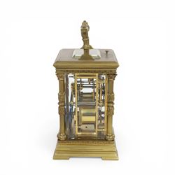 French - 8-day striking carriage clock with alarm and repeat functions, c1900,  case of architectural form with swing handle, gilt dial mask alarm setting dial and enamel chapter, Arabic numerals and blued steel hands, rack striking movement, striking the hours, half-hours and repeat on a coiled gong, with a silvered lever platform escapement, in running condition with key, 14.5cm high 10.5cm wide