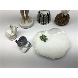 Group of Royal Copenhagen figures, comprising Girl with kitten, no.1779, White mouse on a chestnut, no.63, Mouse on a step, no.62 and White mouse, no.419, together with Royal Copenhagen pin dish and bell, all with printed mark beneath 