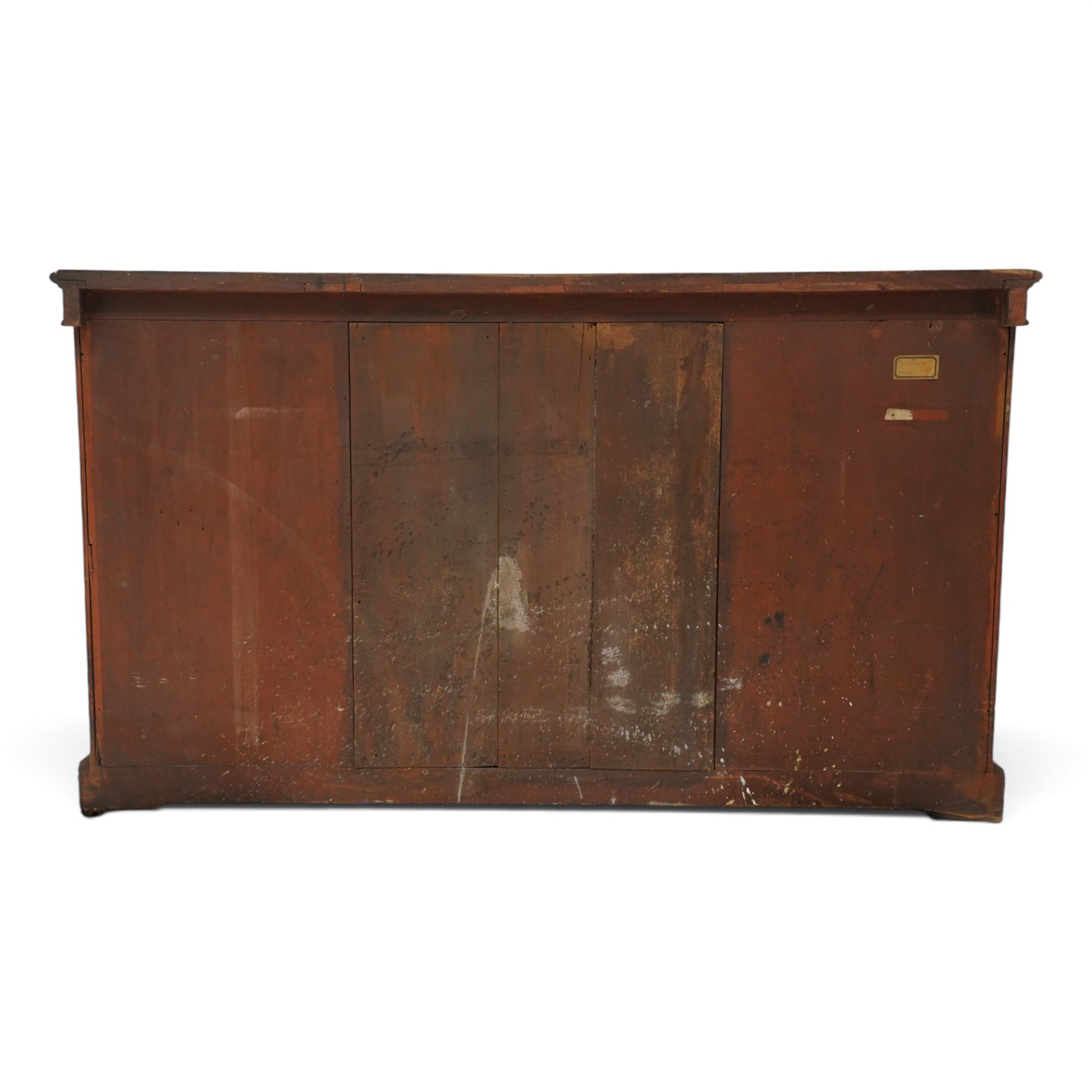 Lamb of Manchester (est. 1843) - Victorian Aesthetic Movement inlaid figured and burr walnut inverted-breakfront credenza, the shaped rectangular top with ebony banding and boxwood stringing, the frieze applied with bronze mounts decorated with foliate and scroll motifs, fitted with central glazed door flanked by panelled doors with central oval metal plaques depicting Classical Muses with lyre, the flanking canted uprights applied with caryatid maidens holding torches, acanthus terminal over skirted base