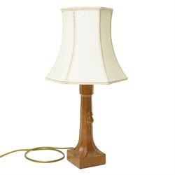 Mouseman - tooled oak table lamp, tapered octagonal stem terminating to square base carved...
