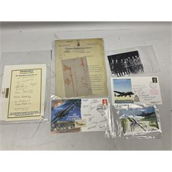 Dambusters 617 Squadron memorabilia - three signed photographs of Lancaster aircraft in flight, group photograph, copy of Vickers-Armstongs letter and drawing from Barnes Wallis, The History of 617 Squadron by Sqn. Ldr. S.J. Hillier, facsimile sets of signatures, FDCs, sheet music, Richard Todd signed photograph and greeting card, etc