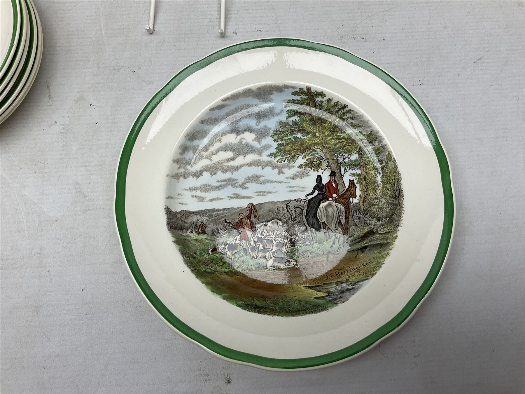 Collection of Copeland Spode hunting scenes dinner wares, after J. F. Herring, to include dinner plates, side plates, graduated serving platters, lidded box etc, together with Spode's Byron breakfast cup and saucer, all with printed marks beneath (29)