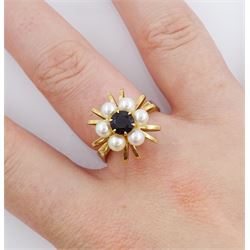 Finnish 14ct gold sapphire and pearl ring by Kupittaan Kulta, stamped