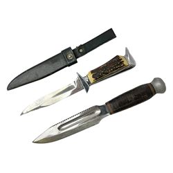 German ERN Wald-Solingen Art Deco style hunting knife with 13cm Bowie type blade and chrome fittings with antler grip; in leather sheath L24.5cm overall; and Bianchi Rastignano Aeronautica Militare combat knife with 15.5cm Bowie type saw-back blade and stacked leather grip (2)