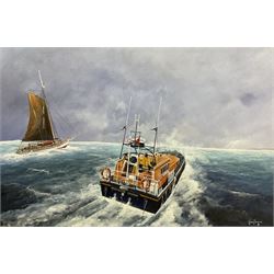 Adrian Thompson (British 1960-): Bridlington Lifeboat 'Marine Engineer' assisting the Yacht 'Lobo', 11th July 2000, oil on canvas signed, titled on the mount 60cm x 90cm
