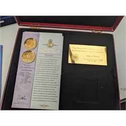 Large collection of modern commemorative coins, mostly being silver proof, including Queen Elizabeth II Bailiwick of Guernsey 1999 'Sir Winston Churchill' one pound, 2000 'HM Queen Elizabeth The Queen Mother', various sterling silver proof coins from the 'Golden Wedding Anniversary Silver Collection' including Bailiwick of Guernsey 1997 five pounds, Bermuda 1997 two dollars, Republic of Malawi 1997 five kwacha, Falkland Islands 1997 five pounds, Bailiwick of Jersey 1997 five pounds, Alderney 1997 two pounds etc, various sterling silver proof and portrait highlighted in gold coins from the 'Golden Jubilee Collection' including Cayman Islands 2002 two dollars, Bailiwick of Guernsey 2003 five pounds etc, housed in various coin displays or cases, mostly with certificates