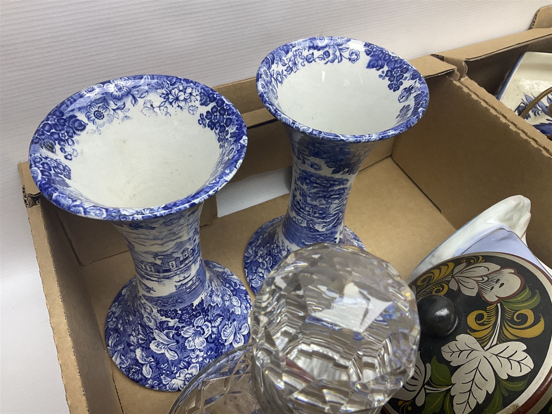 Set of metal weighing scales, pair of Chinese style ceramic table lamps, blue and white ceramics, oriental ceramics and a collection of other glassware, metal ware and collectables, in five boxes 