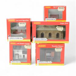 Thirty Hornby N gauge Lyddle End model railway trackside buildings, including N8031 Holy Trinity Church, N8575 Coal Drop, N8033 Radcliffe's Newsagent and N8002 Small Waiting Room, all boxed